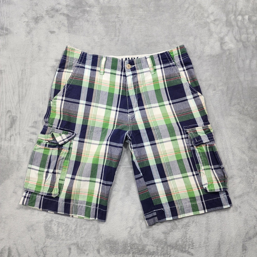 Old Navy Shorts Mens 32 Green Blue Plaid Cargo Canvas Cotton Casual Summer